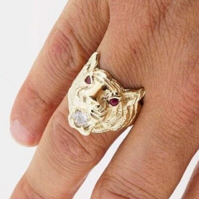 10k Gold Yellow Simulated Ruby Diamond Tiger Head Signet Ring - Image 1 of 4