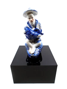 Vintage Asian Man Holding Fish Figurine Blue & White Gold Small Home Decor - Picture 1 of 8