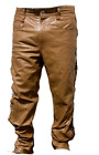 Exclusive Men's Motorbike Brown Lambskin Leather Jeans Style Side Laces