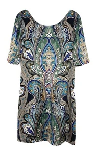 eci New York Paisley Scarf Printed Silk Satin Shift Short Sleeve Dress Sz 4 B6 - Picture 1 of 7