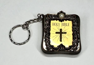Key Chain Miniature Complete Bible in Rectangular Brass Ornate Frame Vintage - Picture 1 of 10