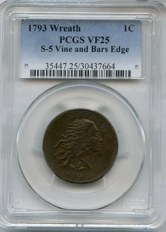 1793 Flowing Hair Wreath Cent PCGS VF25 Vine & Bars Edge Penny Copper Coin JJ511 Cover
