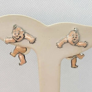 Vintage Edgar Berebi Swivel Head Baby Enameled Earring Silver-tone Babies Diaper - Picture 1 of 9