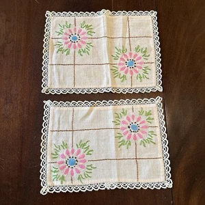 Linen Embroidered Dollie Lot 2 Small Rectangle Pink Flowers w/Lace Retro - Picture 1 of 5