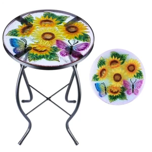 Round Glass Mosaic Side Accent Coffee Table Metal Plant Stand Patio Porch Room - Picture 1 of 10