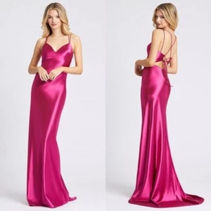 NWT Ieena MacDuggal Satin Strappy Plunge Lace Up Satin Sheath Gown Dress Pink 8 - Picture 1 of 12