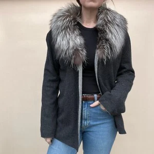 Impresionante Cárdigan Gris Cuello Cachemira y Zorro de Neiman Marcus Mujer Talla M - Imagen 1 de 6
