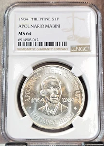 1964 PHILIPPINES SILVER 1 PESO APOLINARIO MABINI NGC MS 64 BEAUTIFUL BU COIN - Picture 1 of 3