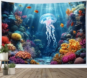 Coastal Blue Ocean Tropical Fish Jellyfish Tapestry for Bedroom Living Room Dorm - Picture 1 of 13