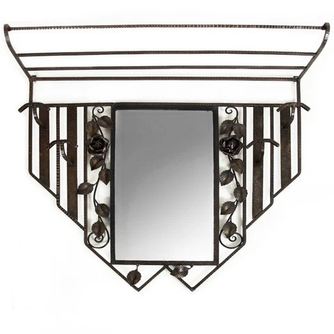 French Art Deco Wrought Iron Hall Mirror with Coat Rack and Shelf circa 1930 Cover