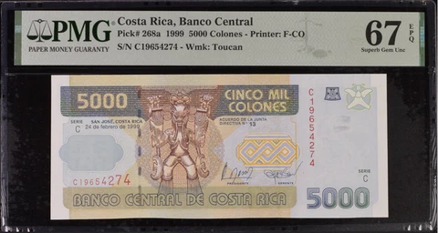 Costa Rica 5000 Colones 1999 P 268 a Superb Gem UNC PMG 67 EPQ Cover