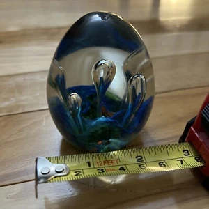 Vtg - Heavy Hand Blown Cobalt Blue/Yellow/Orange Controlled Bubble Paperweight - Picture 1 of 9