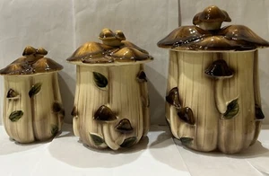 VINTAGE HOMCO 1970s CERAMIC MUSHROOM CANISTER SET OF 3 - Picture 1 of 11