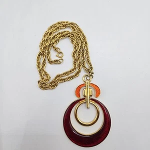 Egyptian Revival Gold Tone Red Enamel Cresent Amulet Statement Necklace 32in - Picture 1 of 10