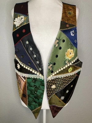 Vest Patchwork Womens L Open Handmade Appliqué Buttons Lace Granny Cottagecore - Image 1 of 4