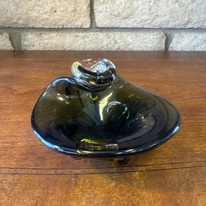 Vtg Pilgrim Glass WV Hand Blown Crafted Trinket Dish Bowl Handle Green Blue - Picture 1 of 14