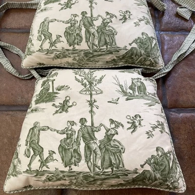 2 Green Toile 18”x 15”Tufted Chair Pad Cushions w/Ties Duck Feather French Rare - Image 1 of 4