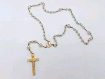 Ancien Chapelet 59 Boules. Plaqué Or et Boules Nacré à identifier. Collection - Photo 1/4