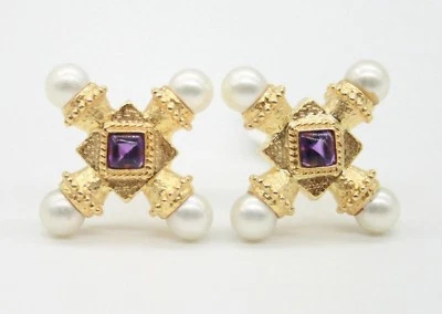 18K YELLOW GOLD  NATURAL PEARL & AMETHYST ESTATE CROSS EARRINGS.OMEGA CLIPS 34MM - Image 1 of 4