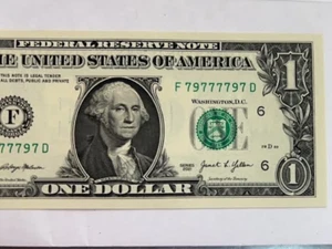 F 79777797 D Fancy Serial Number 1 Dollar Bill 6 of a Kind Liar's Poker Anyone - Picture 1 of 5