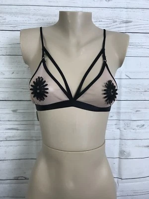 Bralette transparente hecho a mano con tiras desnudo con flores negras cubiertas para cortar talla S Foto 1 de 4