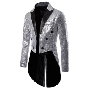 Men Sequin Shiny Swallow-tailed Coat Jacket Suit Blazer Banquet Performance - Picture 1 of 13