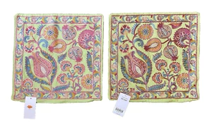 Boho Decorative Pillow Cases Green & Pink Flowers Embroidered 16" Khaddi Shams - Picture 1 of 16