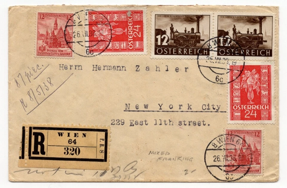 1938 Austria / Germany Mixed Franking Cover to USA Registered Wien Anschluss - Image 1 of 2