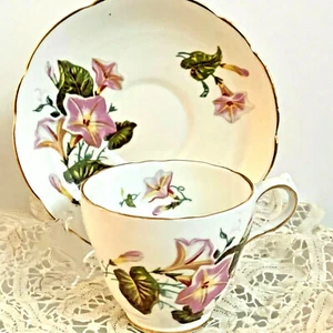 Bone China Teetasse Untertasse rosa Blumen Morning Glory Regency England  - Bild 1 von 9