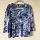 Jess & Jane Womens Shirt Rhinestone Blue V Neck Size L Casual 3/4 Sleeve Top Usa