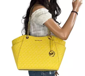 MICHAEL KORS JET SET TRAVEL LARGE SHOULDER CHAIN TOTE BAG MK DAISY YELLOW - Picture 1 of 12