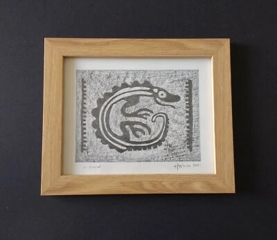 Framed Tribal Folk Art Aztec Tattoo Pencil Drawing Lizard by Helen Hew-White   - Image 1 of 4
