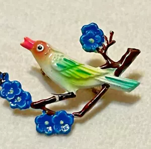 Vintage ROK Enamel Bird on Branch w/Blue Flowers Brooch Pin 1.5" - Picture 1 of 3