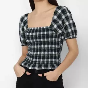 American Eagle gesmoktes Damenoberteil blau grün kariert Puffärmel Größe Large - Bild 1 von 8
