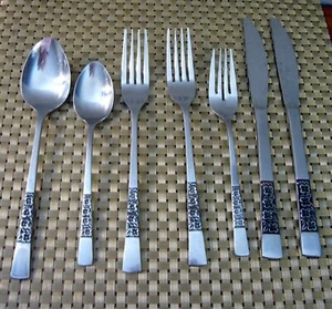 7 Ekco Eterna NORA Stainless Japan Flowers MCM Flatware Complete Place set Extra - Picture 1 of 3