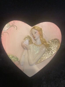 Decorative Heart Shaped Trinket Jewelry Box with Angel and Glittery Wings - Picture 1 of 9