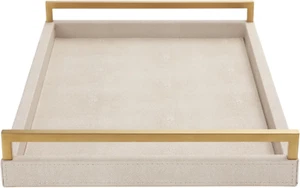 Ivory Shagreen Leather Serving Tray with Gold Handles, 17.7X11.8Inch Large Woode - Picture 1 of 8