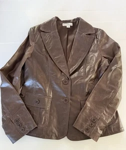 Vintage Just Jeans Leather Brown Retro Jacket Women's Size 16 Button Up Pockets - Picture 1 of 14