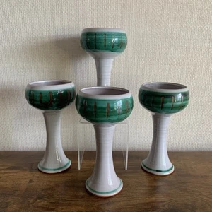 Studio Pottery Wine Goblets Mid Century Unusual White & Green Glaze Set Of 4 - Picture 1 of 20