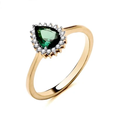 9ct Yellow Gold on Silver Emerald & cz Pear Cluster Ring - ALL SIZES AVAILABLE - Image 1 of 4