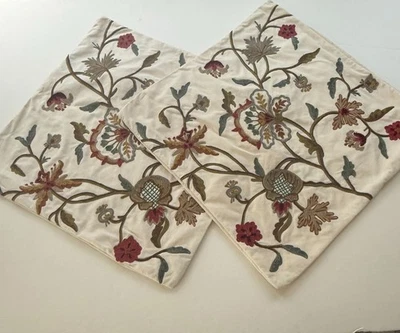 Pottery Barn Embroidered Floral Pillow Covers 23.5" x 23.5" Cotton Linen Beige - Image 1 of 4