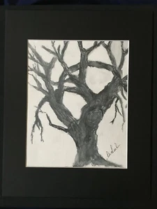Original Graphite Tree Painting Lori Clark Matted 11" x 14" Plastic Sleeve GIFT! - Picture 1 of 9
