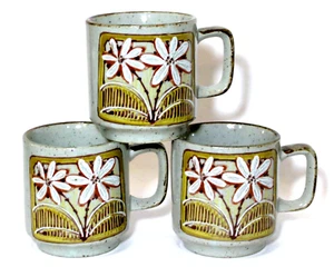 Juego de 3 tazas de café vintage de gres marrón y blanco margarita Japón - Imagen 1 de 7