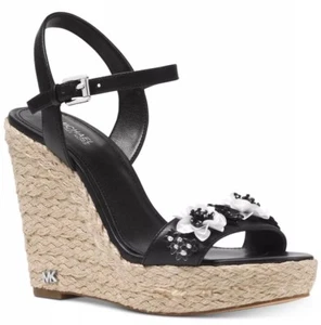 Neu Michael Kors Jill Espadrille Keilabsatz Sandalen schwarz Pailletten Blumen Plattform - Bild 1 von 4
