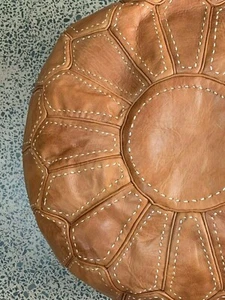 Moroccan Grain Leather Ottoman Pouf Pouffe Footstool STITCHED Vintage Tan - Picture 1 of 4