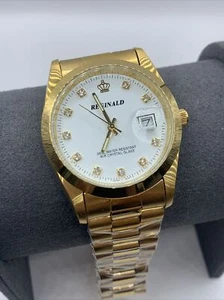 Reginald Mens Wrist Watch Gold White Analog Quartz New Battery. New - Picture 1 of 10