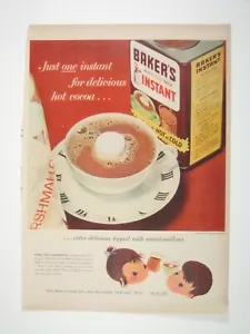 Bakers Instant Hot Cocoa Mix Vintage 1956 Print Ad Marshmallows Illustration - Picture 1 of 2
