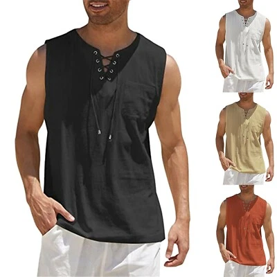 Mens  Linen Short Sleeve T-shirt Casual Loose V Neck Lace Up Tops Tunic US✔ - Image 1 of 4