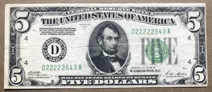1928B $5 FRN CLEVELAND [] GOLD ~ ALPHA SEAL [] FR 1952-D  NICE SN# D 2222 2543 A - Picture 1 of 3