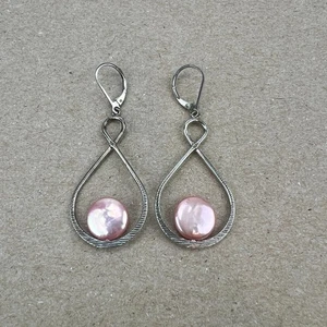 925 Italien Sterlingsilber rosa Münze Perle Träne Ohrringe Leverback - Bild 1 von 8